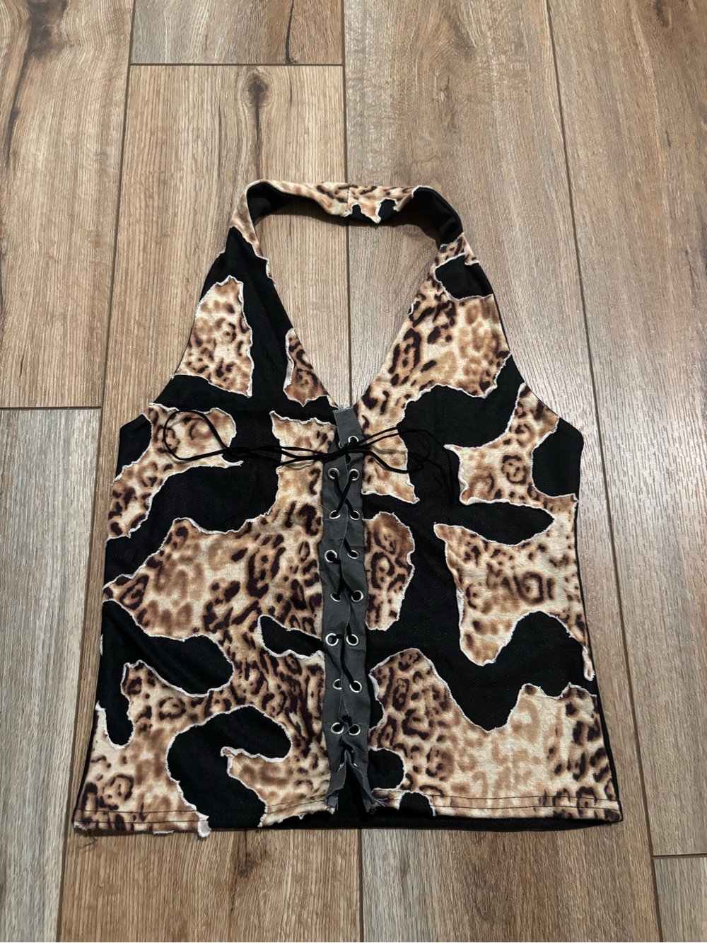 Vintage Y2K Cheetah Lace Up Halter Top by Catch One London
